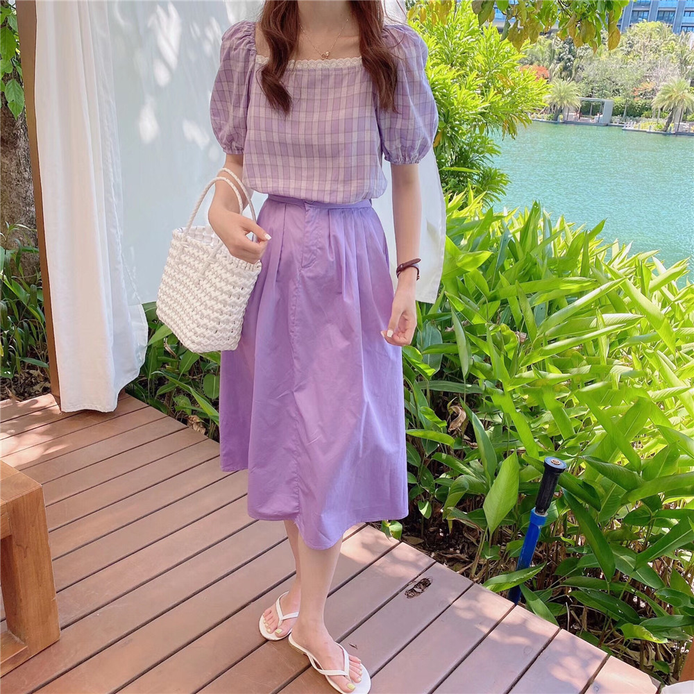 实拍2021夏装新款方领拼接蕾丝边棉麻格子小衫 紫色半身裙子套装