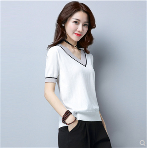 冰丝针织衫短袖t恤女薄款半袖白色v领上衣t桖女装2020年新款夏装