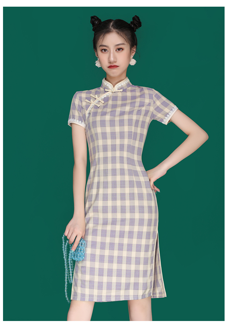 格子旗袍中长款夏新年轻款少女文艺复古改良时尚棉麻连衣裙