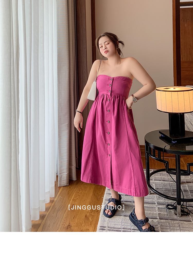 晶咕家定制胖mm吊带抹胸连衣裙女夏2021新款大码气质露肩牛仔裙潮