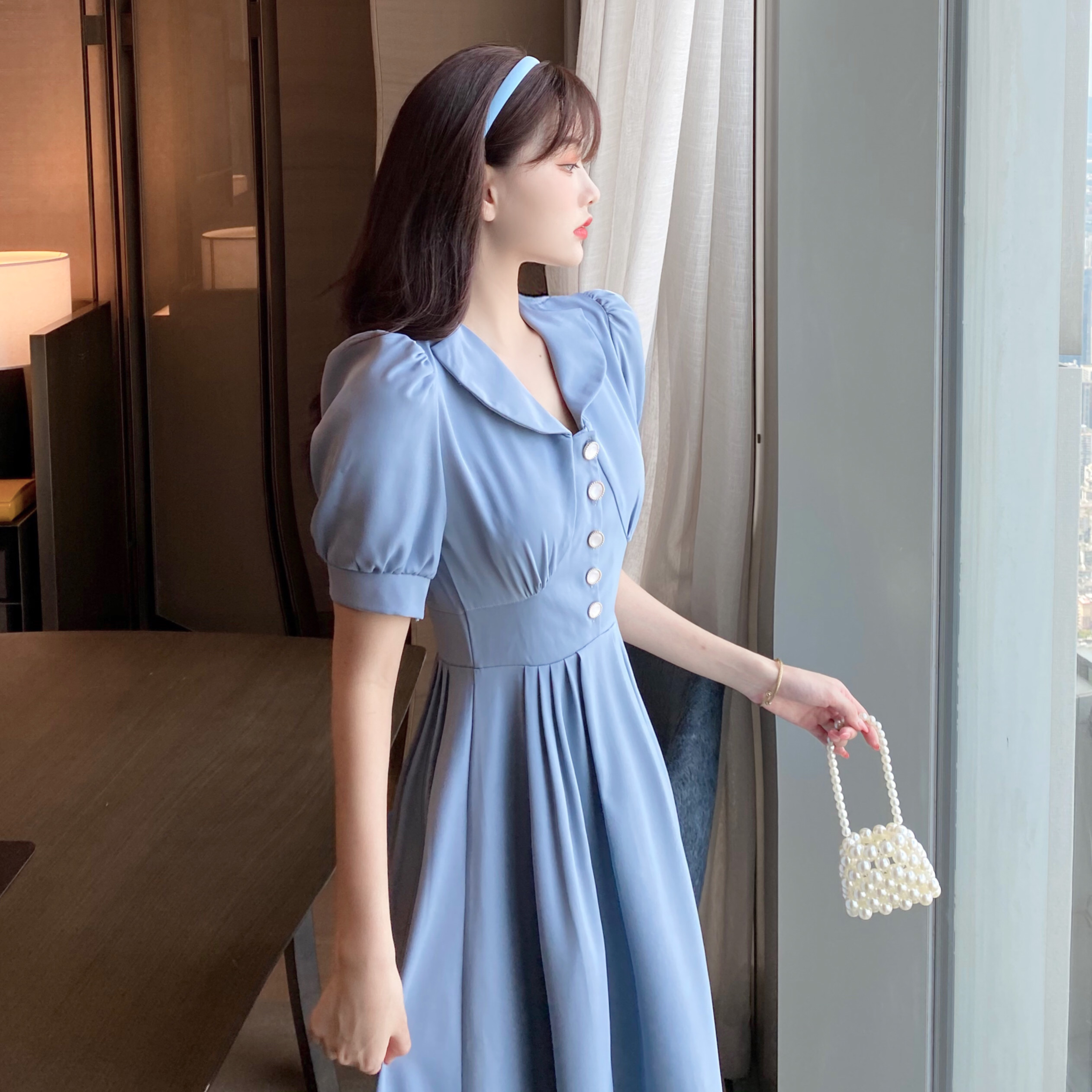 2021年夏装女娃娃领长裙脚踝仙气森系法式茶歇蓝色泡泡袖连衣裙子