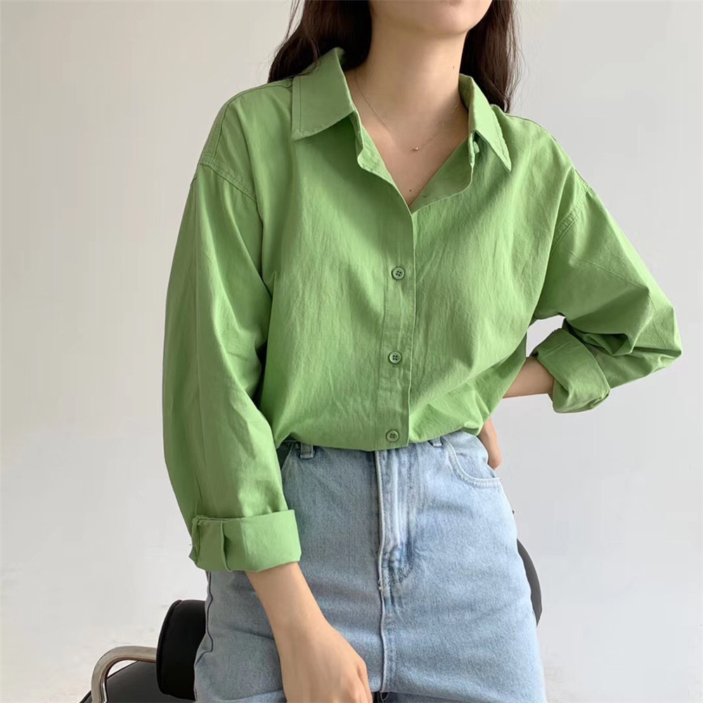 实拍慵懒风衬衫女长袖早秋韩版新款中长款宽松纯色复古衬衣