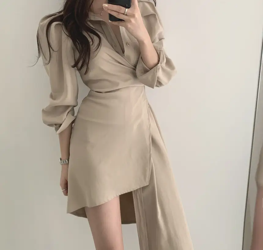 프렌치 스타일 불규칙 허리 디테일 긴소매 원피스 상세 이미지 1
