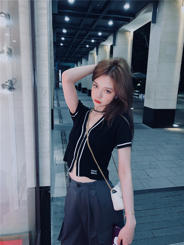 南夕姐姐定制高腰针织短袖上衣女夏新款短款修身薄款撞色v领开衫