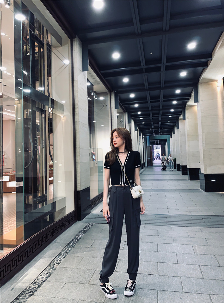 南夕姐姐定制高腰针织短袖上衣女夏新款短款修身薄款撞色v领开衫