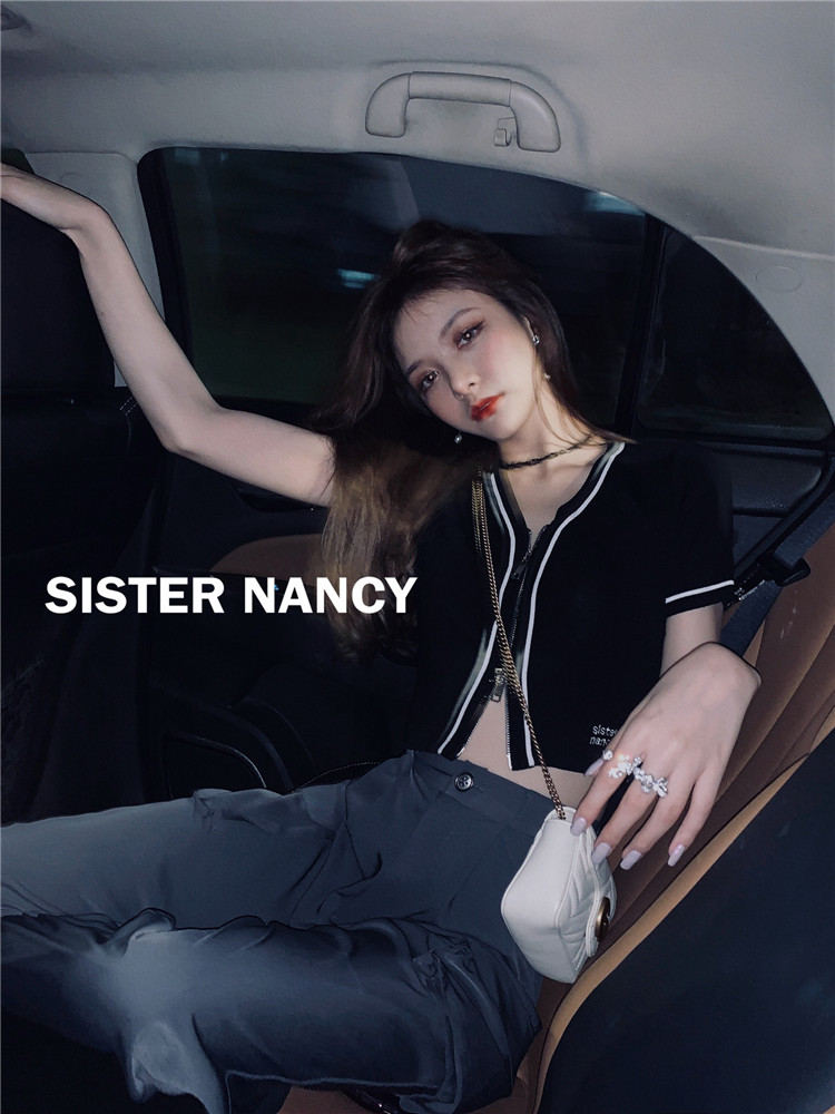 南夕姐姐定制高腰针织短袖上衣女夏新款短款修身薄款撞色v领开衫