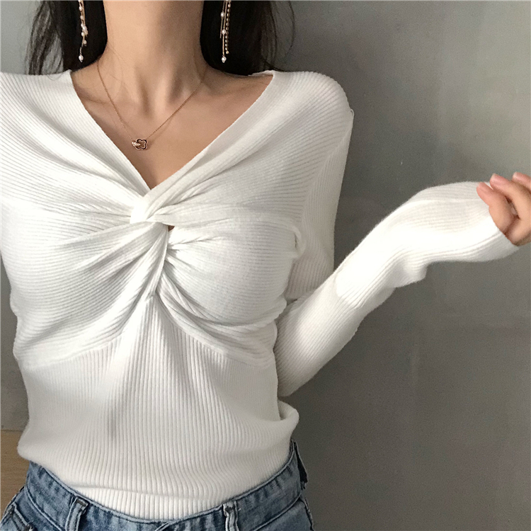 Sexy cross V-neck slim T-shirt 2020 new Korean long sleeve top autumn winter Pullover bottoming sweater for women