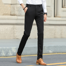 批发夏季弹力西裤男士休闲长裤子薄款修身小脚直筒商务黑色西装裤