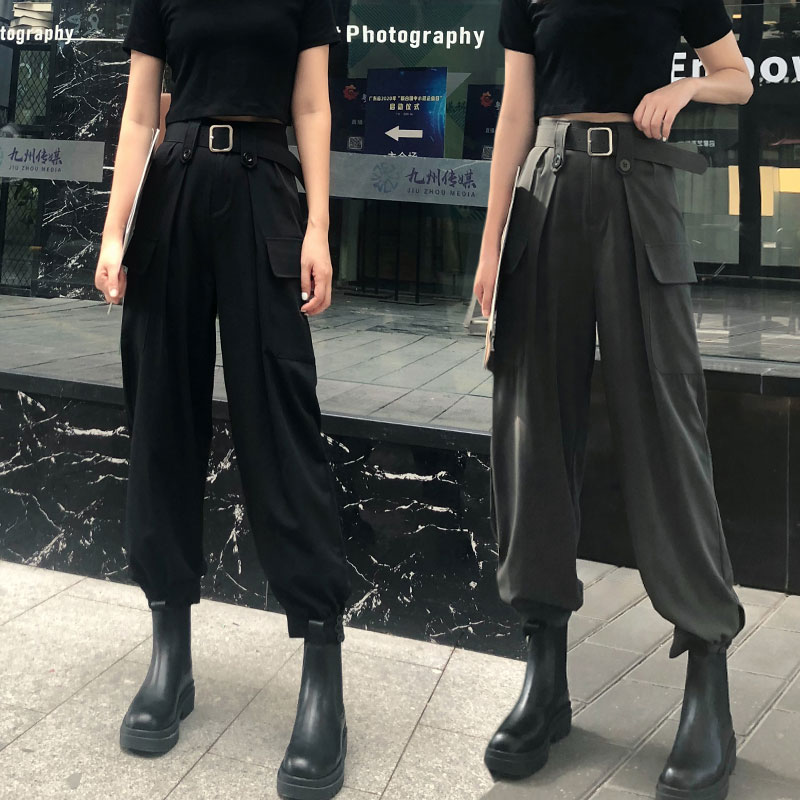 实拍黑色工装裤女夏2020新款休闲裤显高裤子宽松显瘦高腰束脚裤