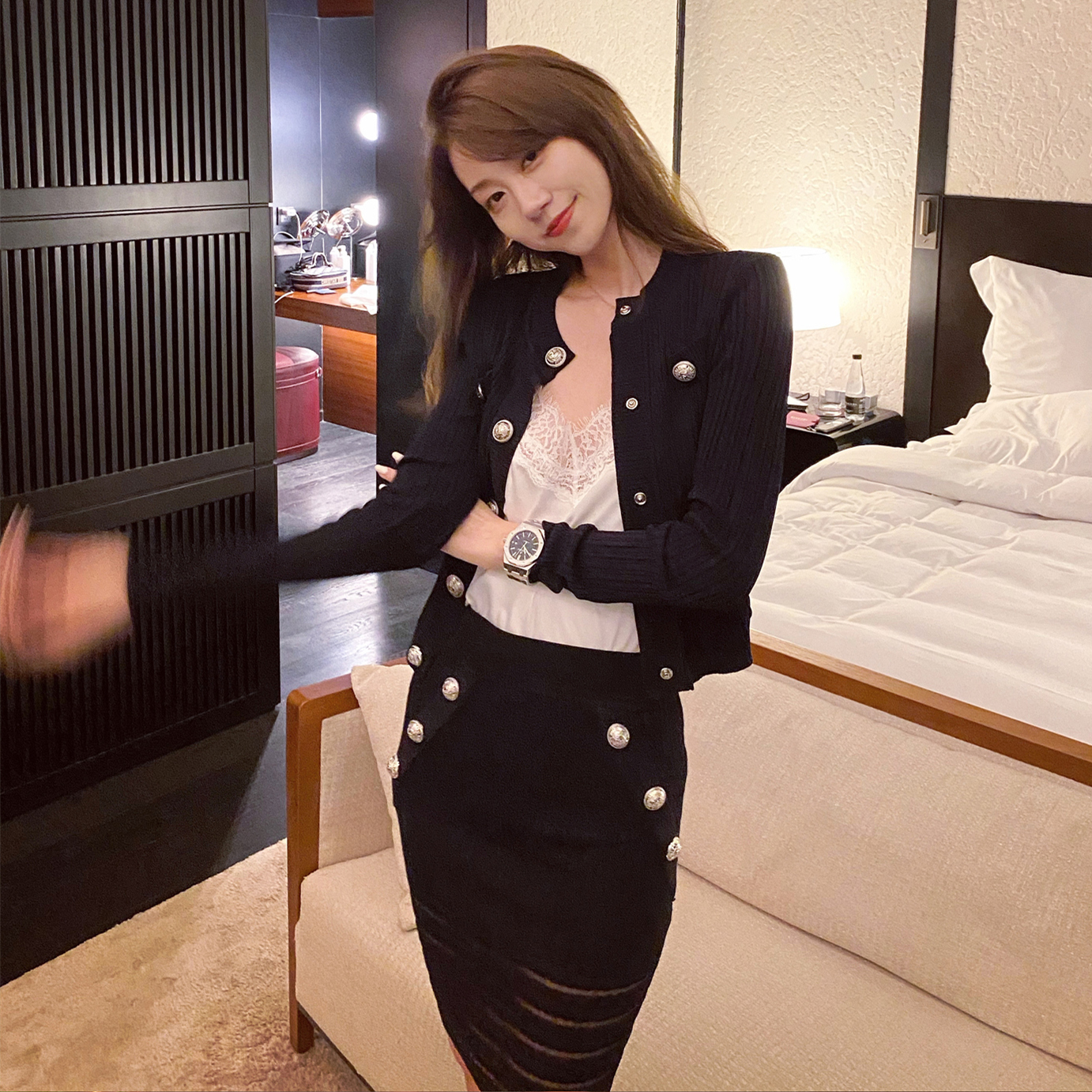 wizaann气质富家姐姐白色女神连衣裙套装修身针织两件套女夏