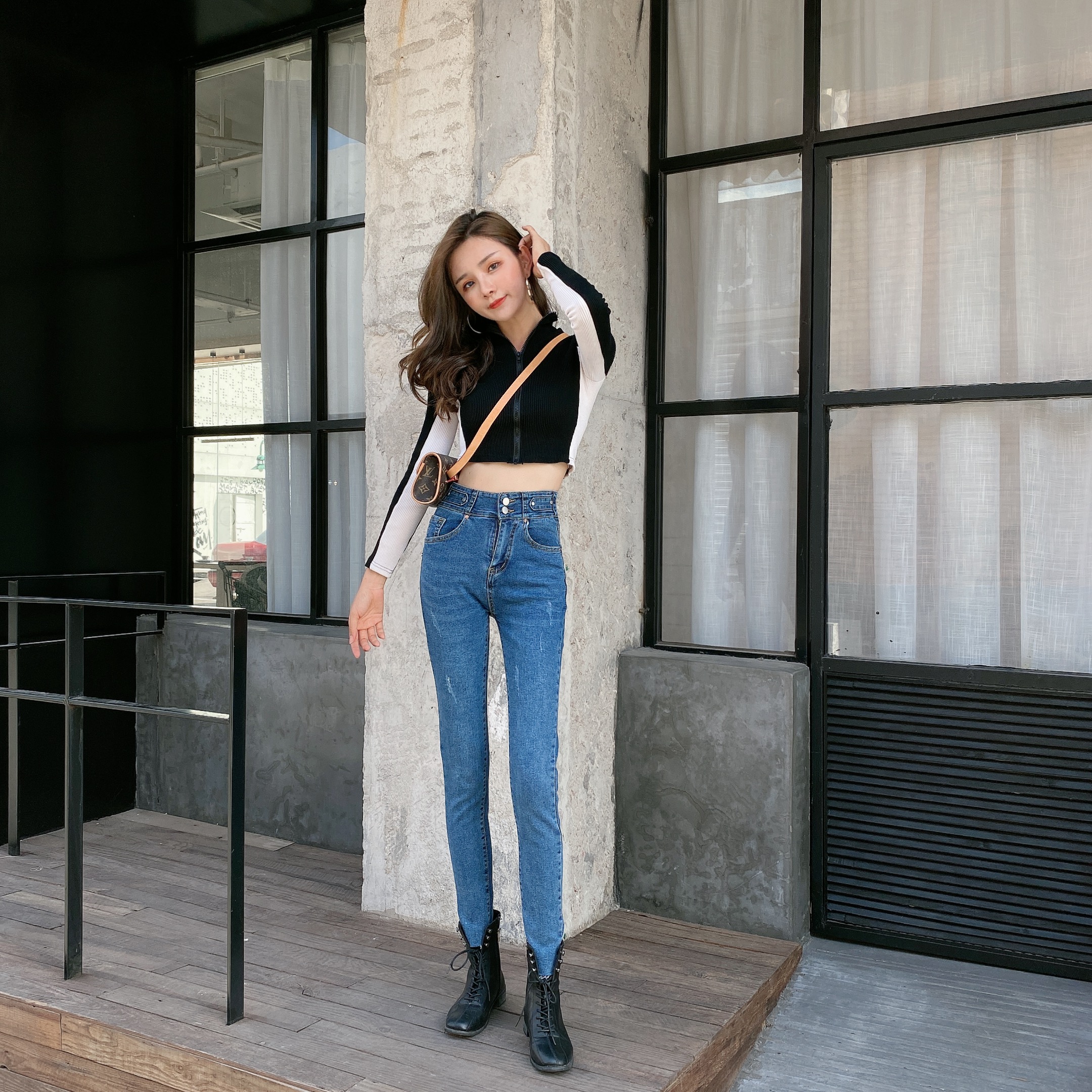 实拍蓝色牛仔裤女2020秋季薄款高腰修身显瘦显高弹力九分小脚裤