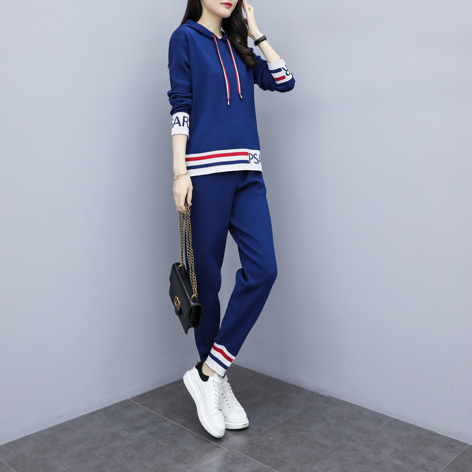 实拍休闲运动套装秋装2020新款女减龄阔腿裤时尚洋气针织两件套