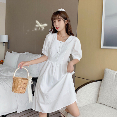 白色连衣裙女夏小个子中长款2020新款可甜可盐泡泡袖方领a字裙子