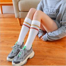 批发2020春秋双杠彩条纹女中筒袜闪银丝全棉高筒袜学生拼色袜子
