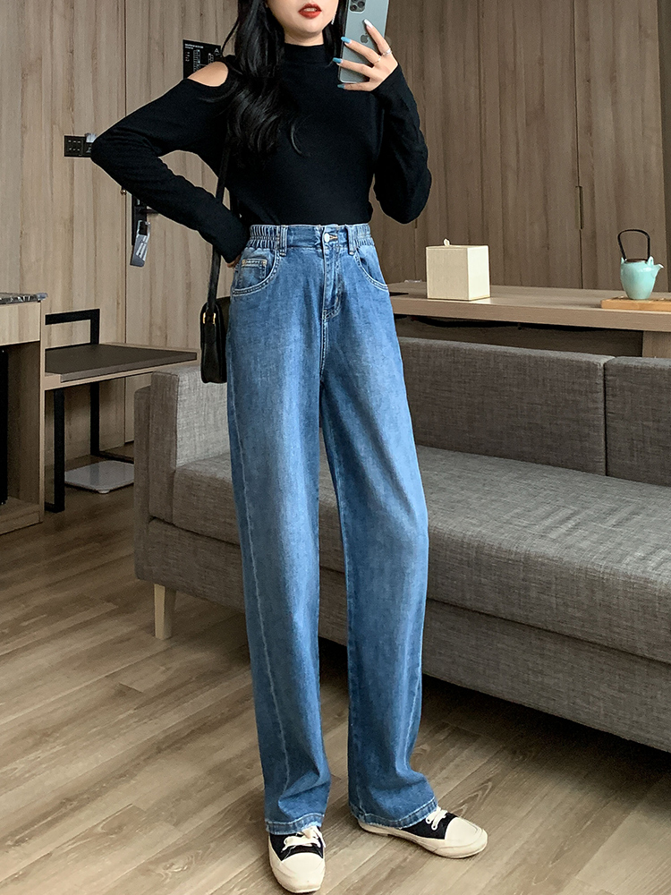 微胖女生穿搭牛仔直筒裤女高腰垂感韩版宽松大码拖地休闲阔腿长裤