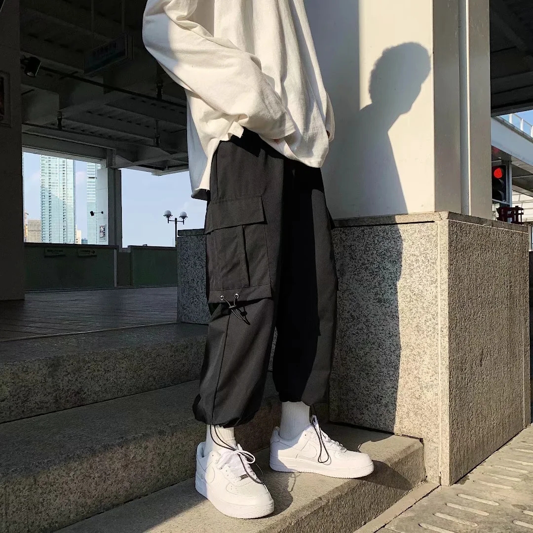 实拍 休闲工装九分裤男生束脚侧边口袋松紧腰潮搭直筒时尚宽松裤