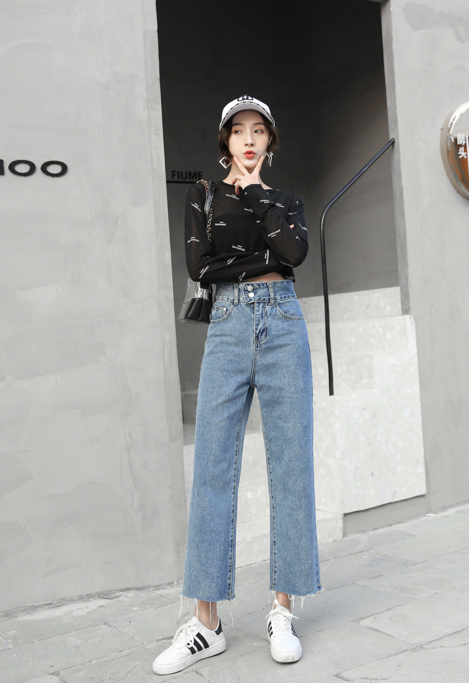 2021新款实拍港风牛仔裤女阔腿裤宽松直筒垂感韩版九分复古拖地裤