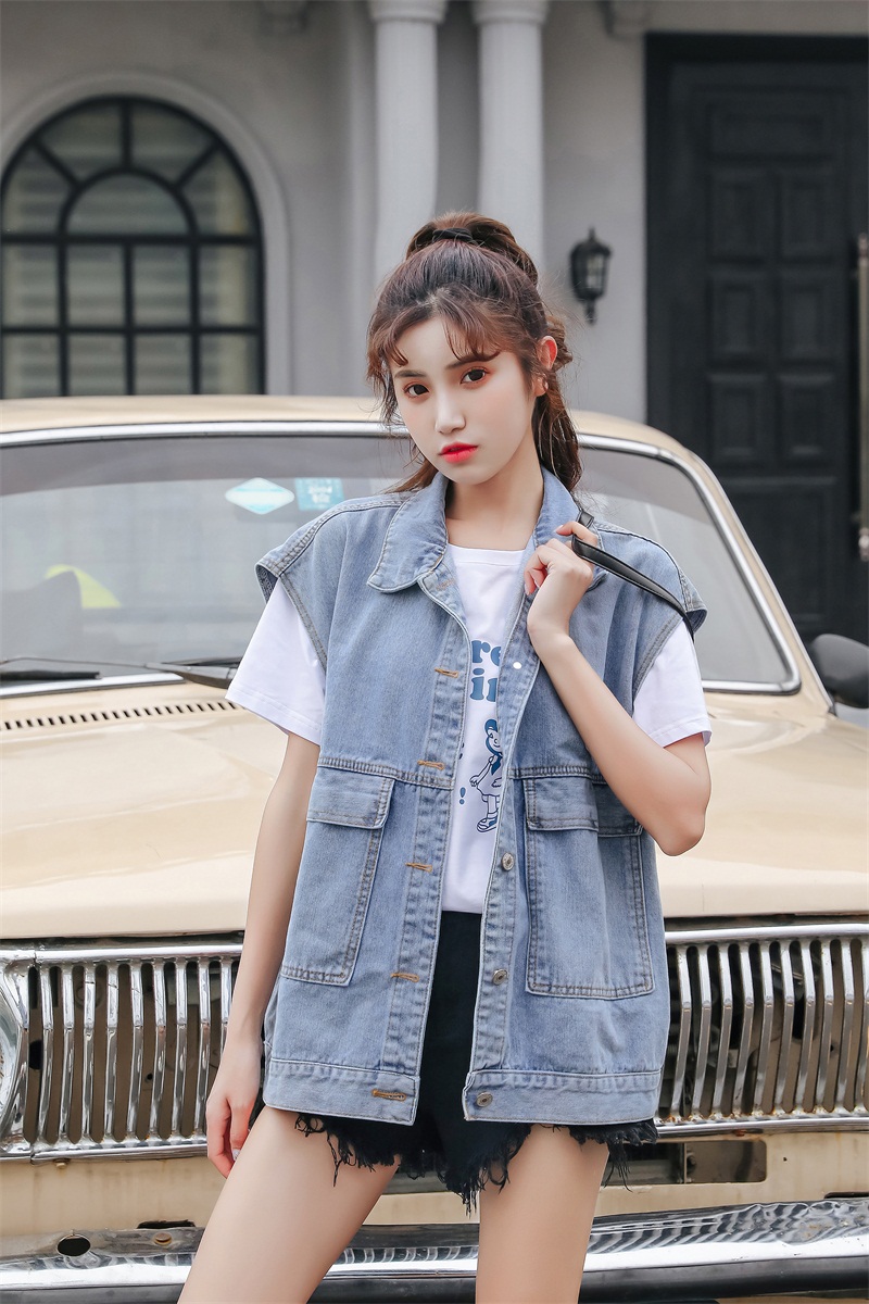 实拍2020夏装新款韩版宽松bf牛仔马甲女原宿风大口袋牛仔外套马夹