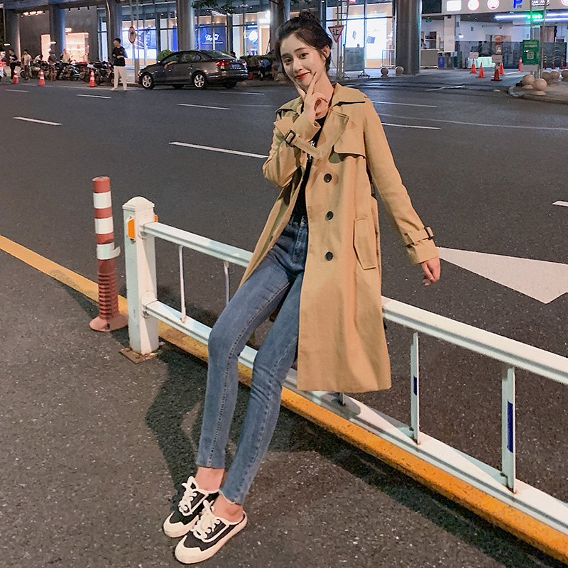 实拍现货风衣女2020新款中长款西装领双排扣绑带过膝长袖卡大衣