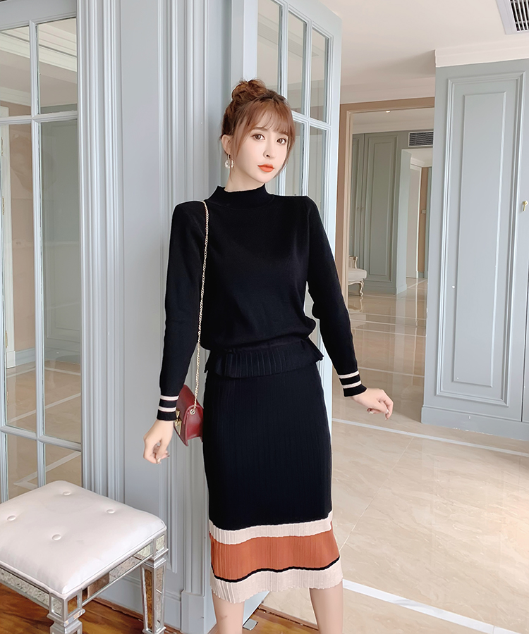 实拍现货2020春秋洋气显瘦针织套裙两件套女时尚毛衣半身裙子套装