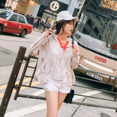 实拍~ 韩版宽松连帽针织衫不规则流苏上衣破洞镂空打底衫女套头秋