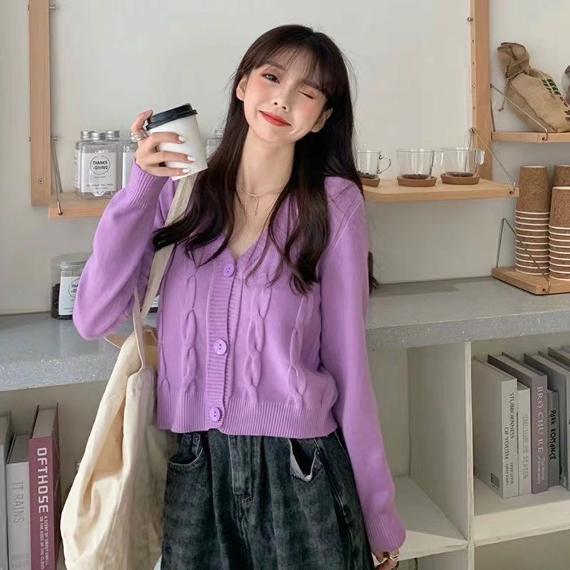 秋装2020新款韩版chic开衫外搭上衣紫色长袖针织衫女复古毛衣外套