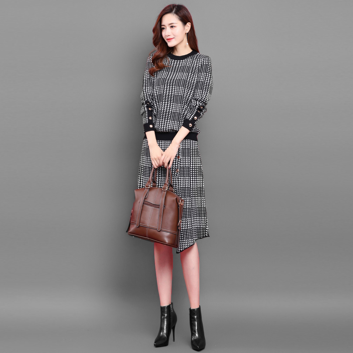 2020秋冬新款千鸟格气质时尚圆领长袖针织两件套女套裙
