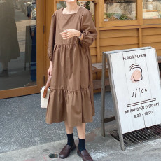 批发实拍 复古简约小美好~方领设计 层层蛋糕裙 系带<b class='q'>宽松</b>长裙 2色