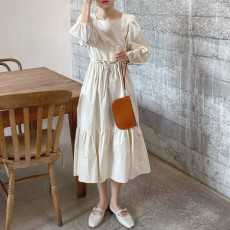 批发实拍实价 小方领设计 <b class='q'>宽松</b>系带层层蛋糕连衣裙长裙