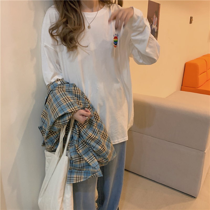 官图秋季韩版宽松bf原宿风上衣服内搭网红长袖白色t恤女ins潮