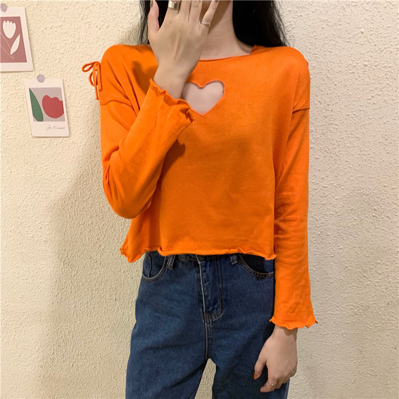 实拍实价 花边爱心长袖短款宽松针织衫上衣女