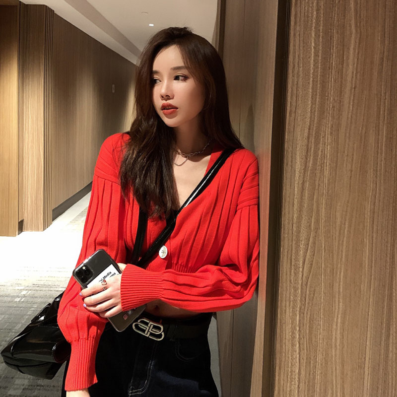 sasa2020秋季新款v领薄款宽松长袖针织开衫女短款外搭上衣女潮