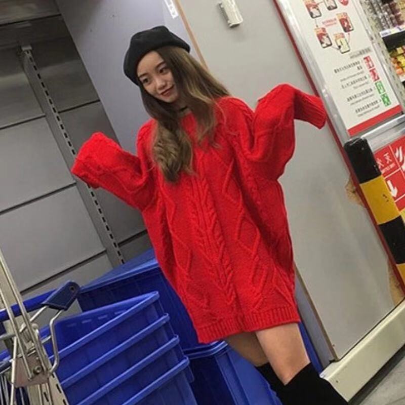 秋冬季粗毛线中长款麻花大红色毛衣女针织衫宽松慵懒风连衣裙外套