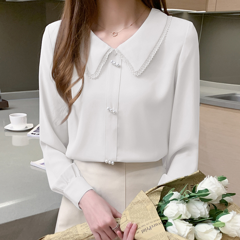 2026 봄 여성 셔츠 패션 외국 가스 베이비 칼라 프랑스식 비즈 박기 레이스 셔츠 긴팔 쉬폰 블라우스 맨위