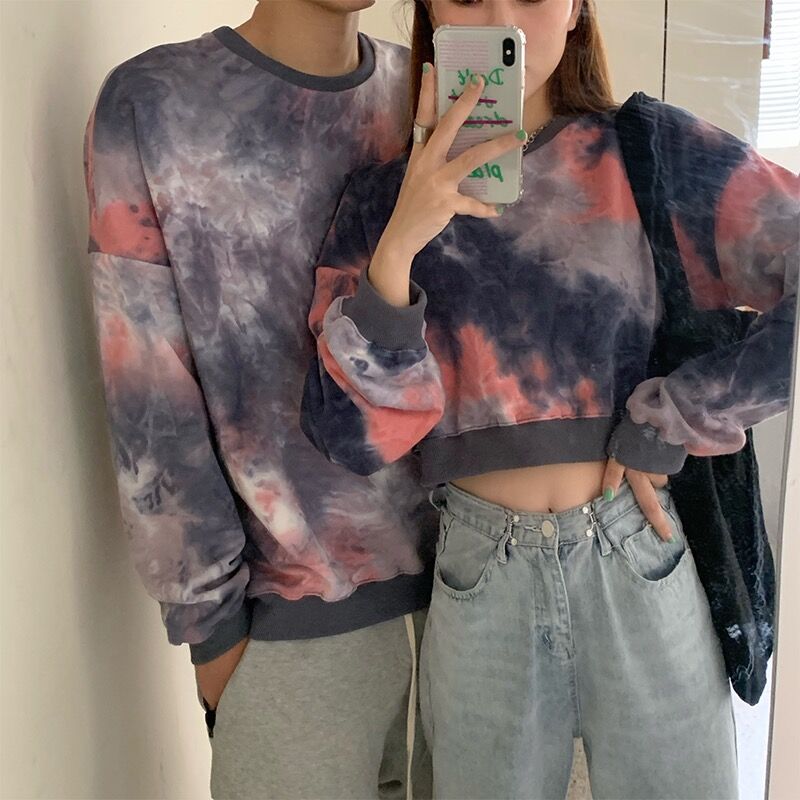 高街风扎染卫衣女情侣装2020早秋短款长款