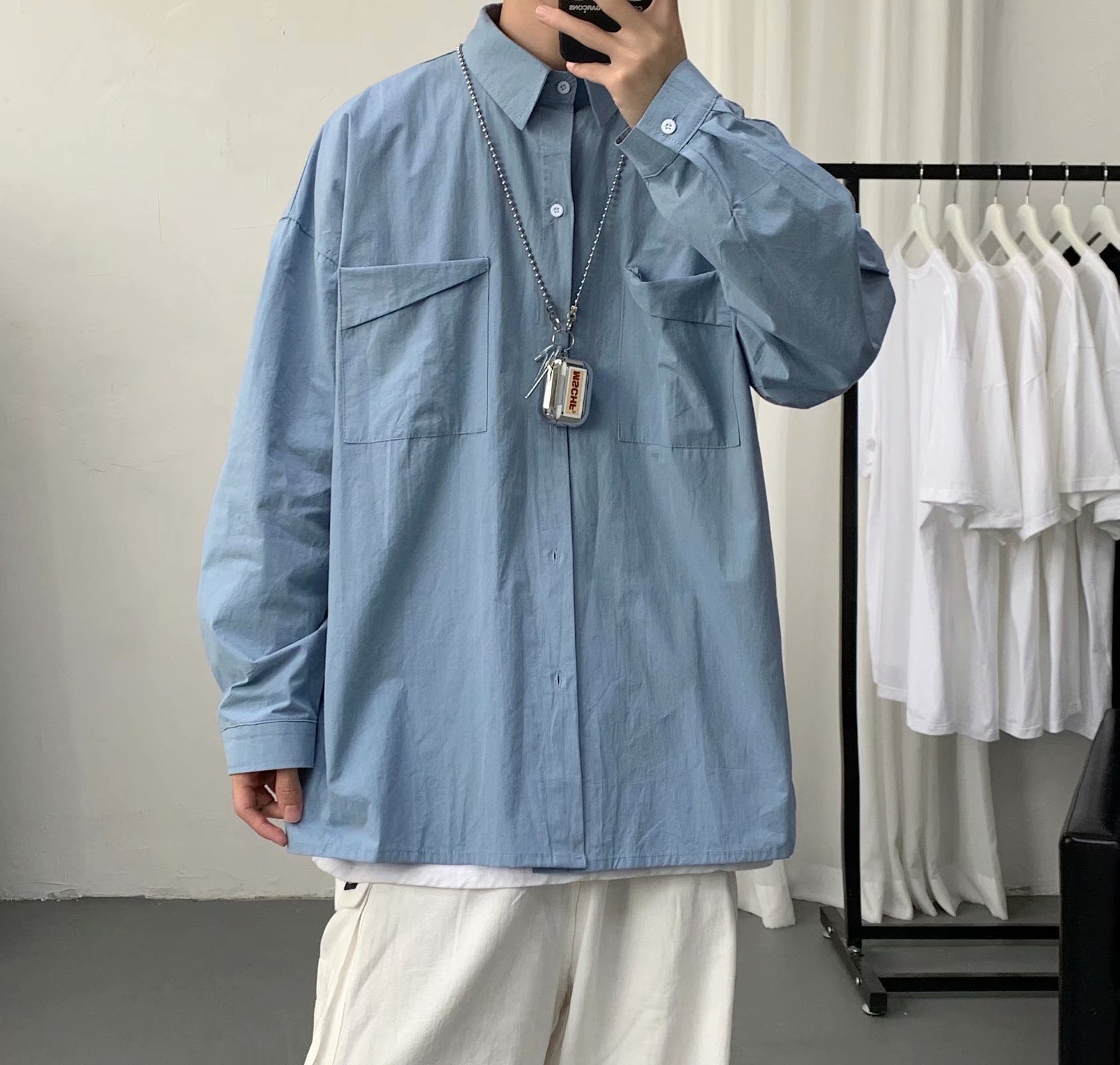 宽松长袖衬衣男秋季新款男装帅气休闲小青年纯色上衣外套男