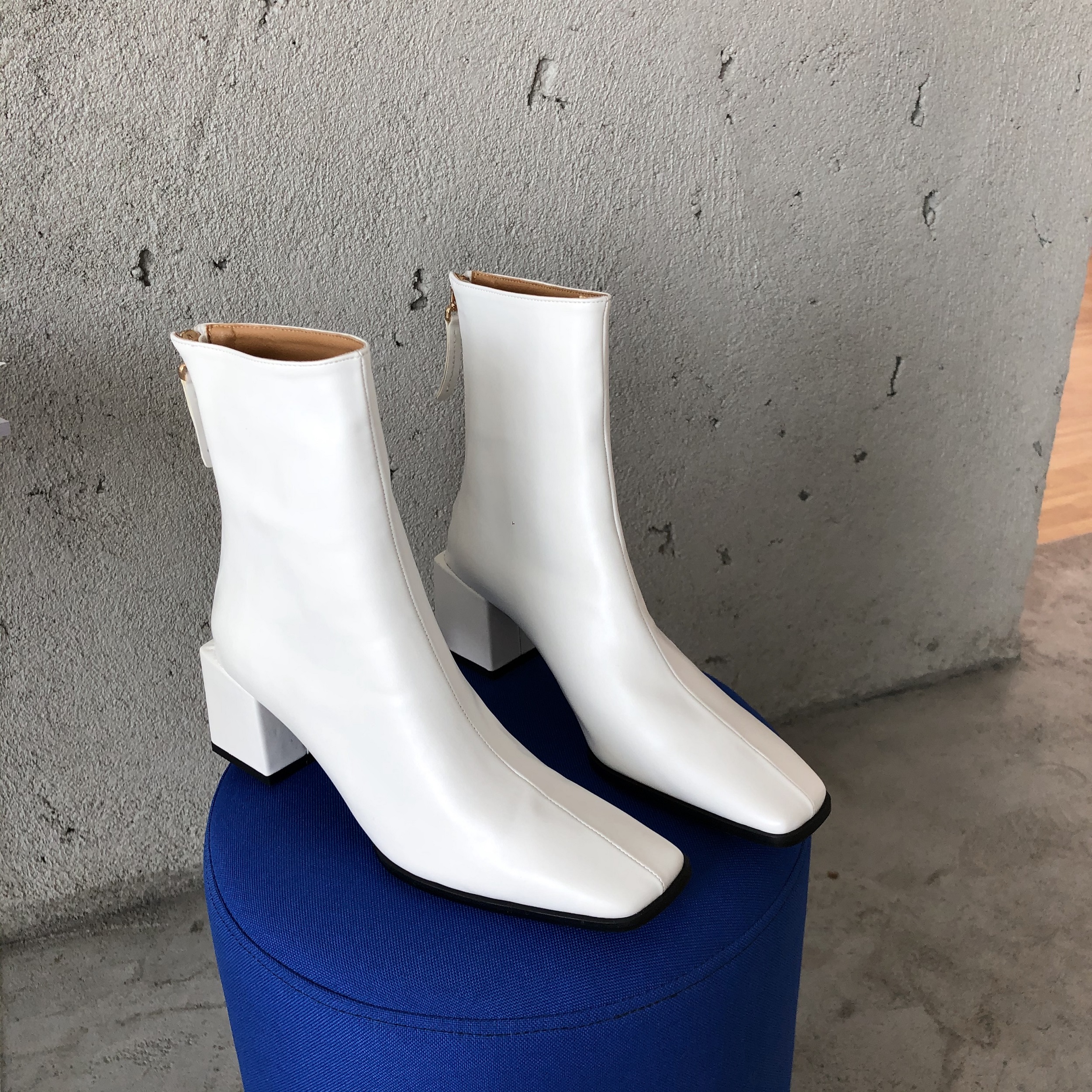 2020秋冬网红斜方头粗跟韩版英伦风后拉链百搭短靴-鞋大师1008-1#75.