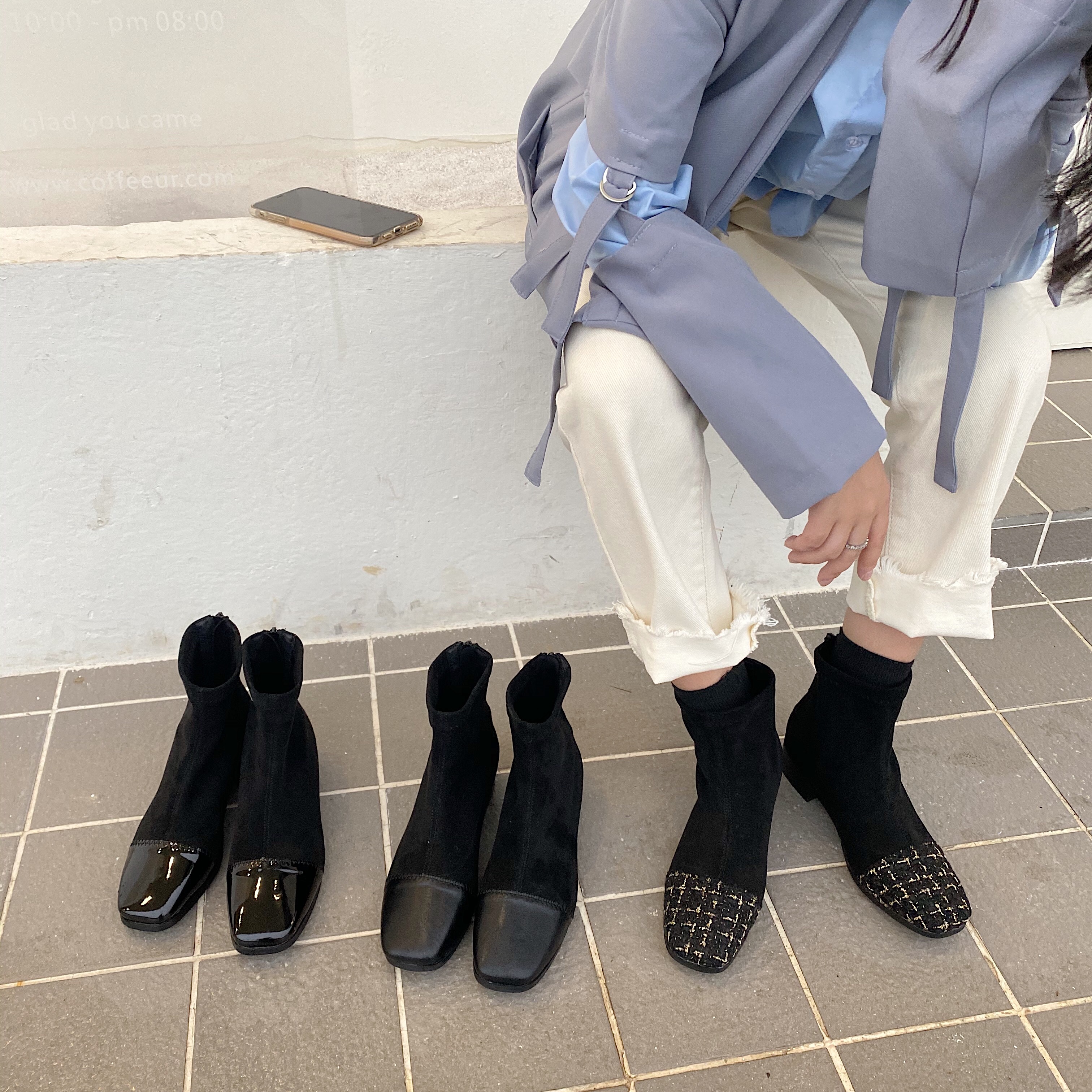 韩版接拼绒布短靴女