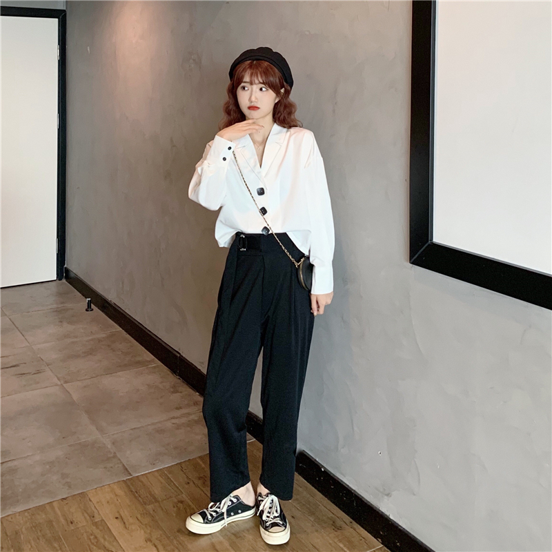 价单排扣v领百搭衬衫长袖上衣高腰宽松直筒哈伦裤