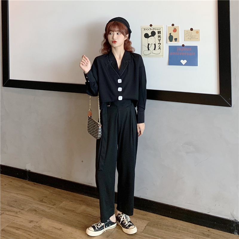 价单排扣v领百搭衬衫长袖上衣高腰宽松直筒哈伦裤