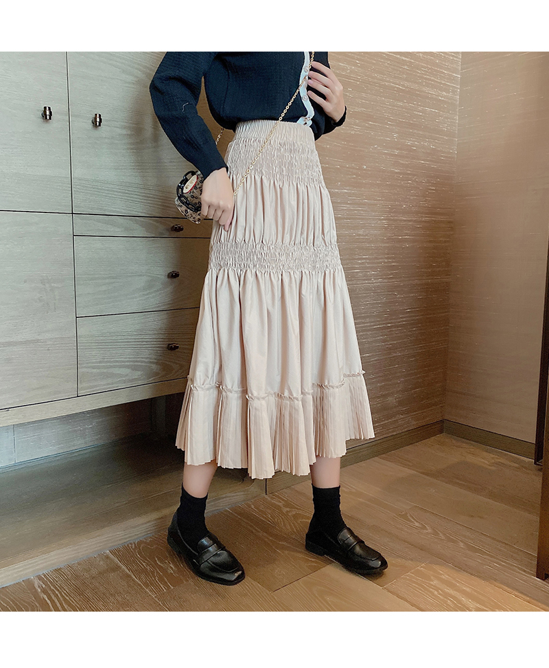 压褶半身裙女秋装新款2020韩版高腰显瘦中长款百褶裙a字长裙