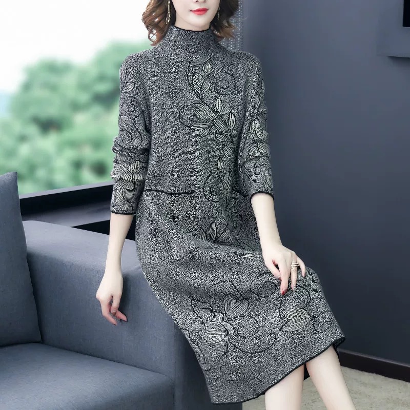 时尚秋冬毛衣原身出领长袖中长款连衣裙-颜夕墨染#8806#56.