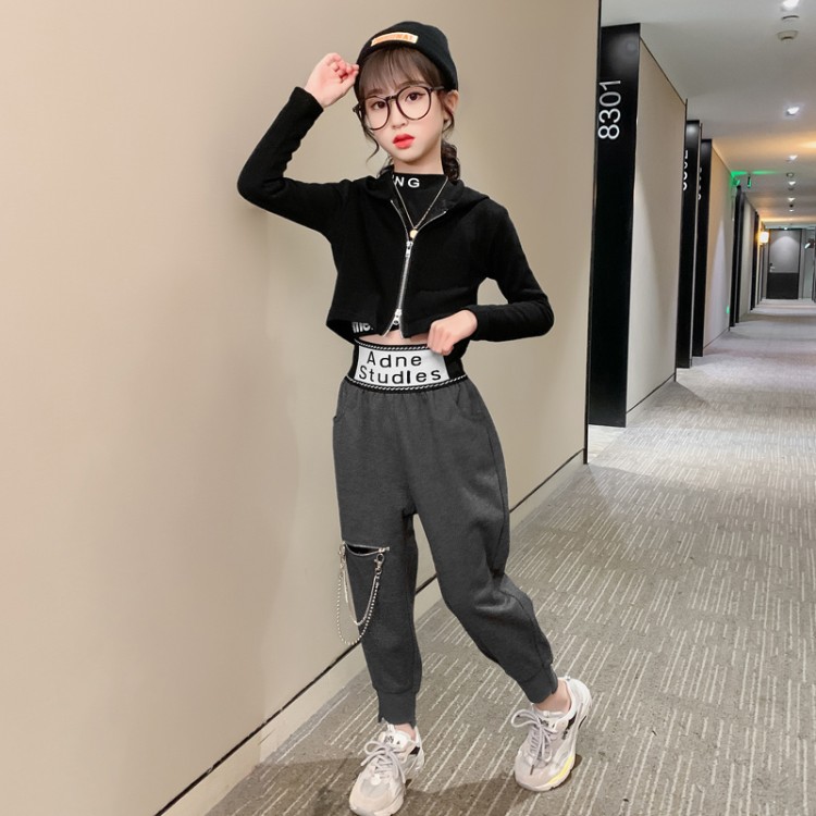 休闲百搭初秋季女童2020新款港风连帽卫衣高腰束脚哈伦裤两件套