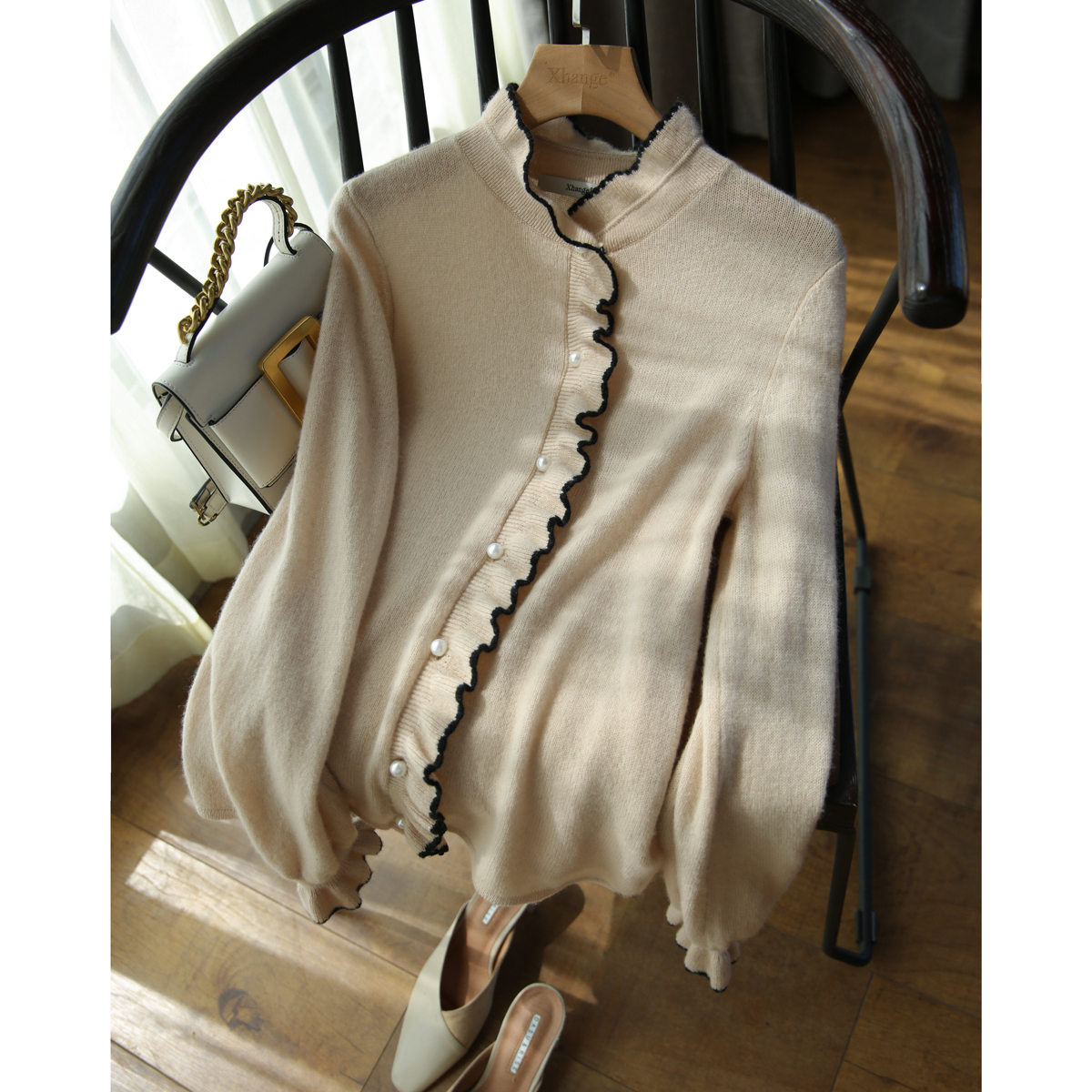 zy259305ag 笑涵阁 香榭丽舍的下午茶 全羊绒木耳边针织开衫