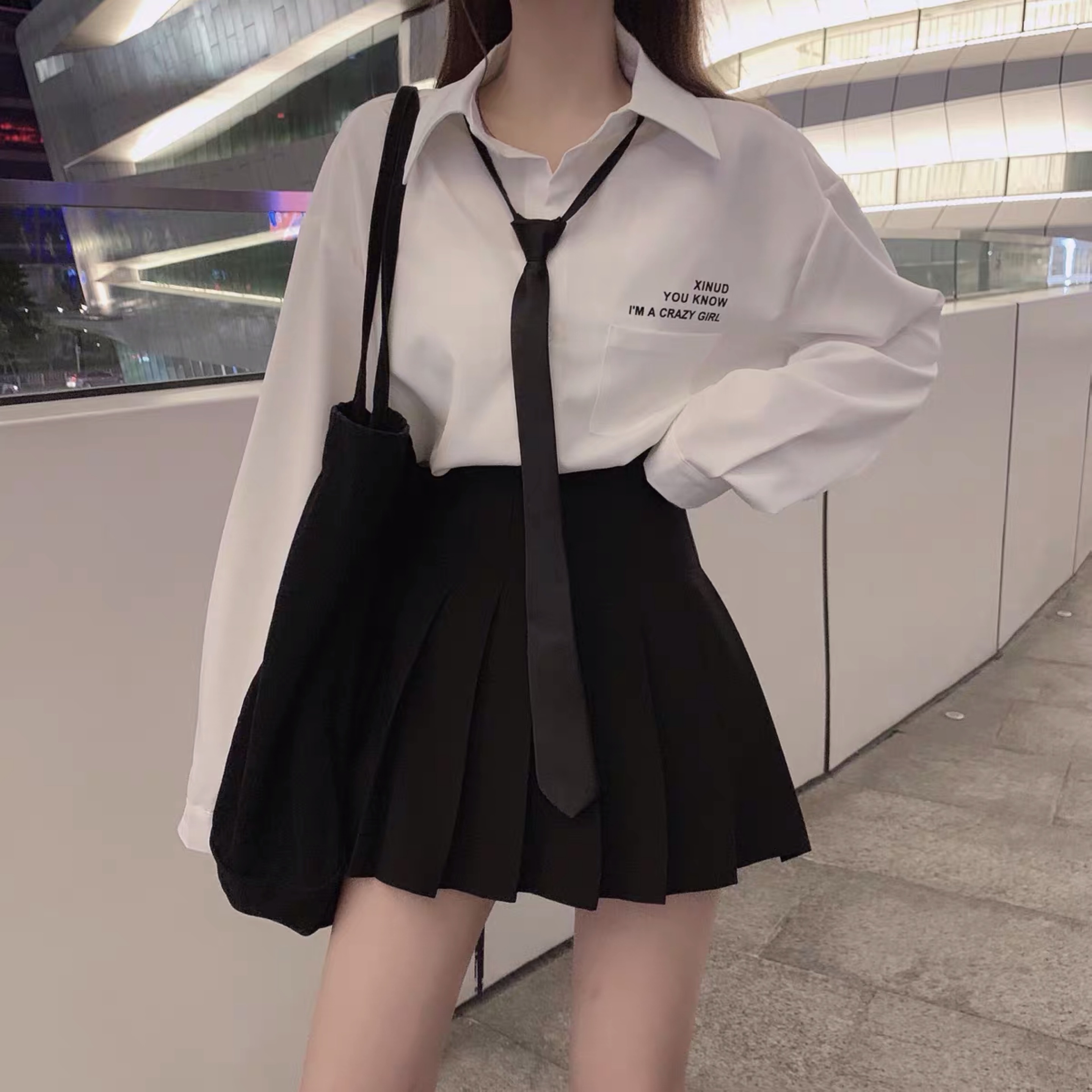 jk制服裙领带白衬衫女学生学院风春秋设计感小众长袖衬衣套装全套