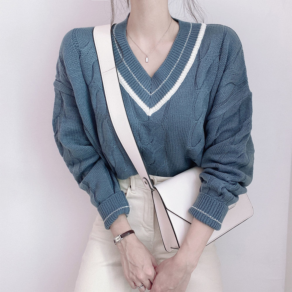 学院风v领拼色麻花针织内搭套头毛衣515