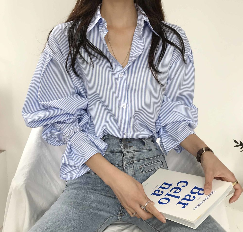 사이즈 업데이트 chic 디자인 센스 작은 대중 핀 스트라이프 루즈핏 여성 셔츠 미니멀리즘 인사이드 가져 가라. 긴팔 맨위