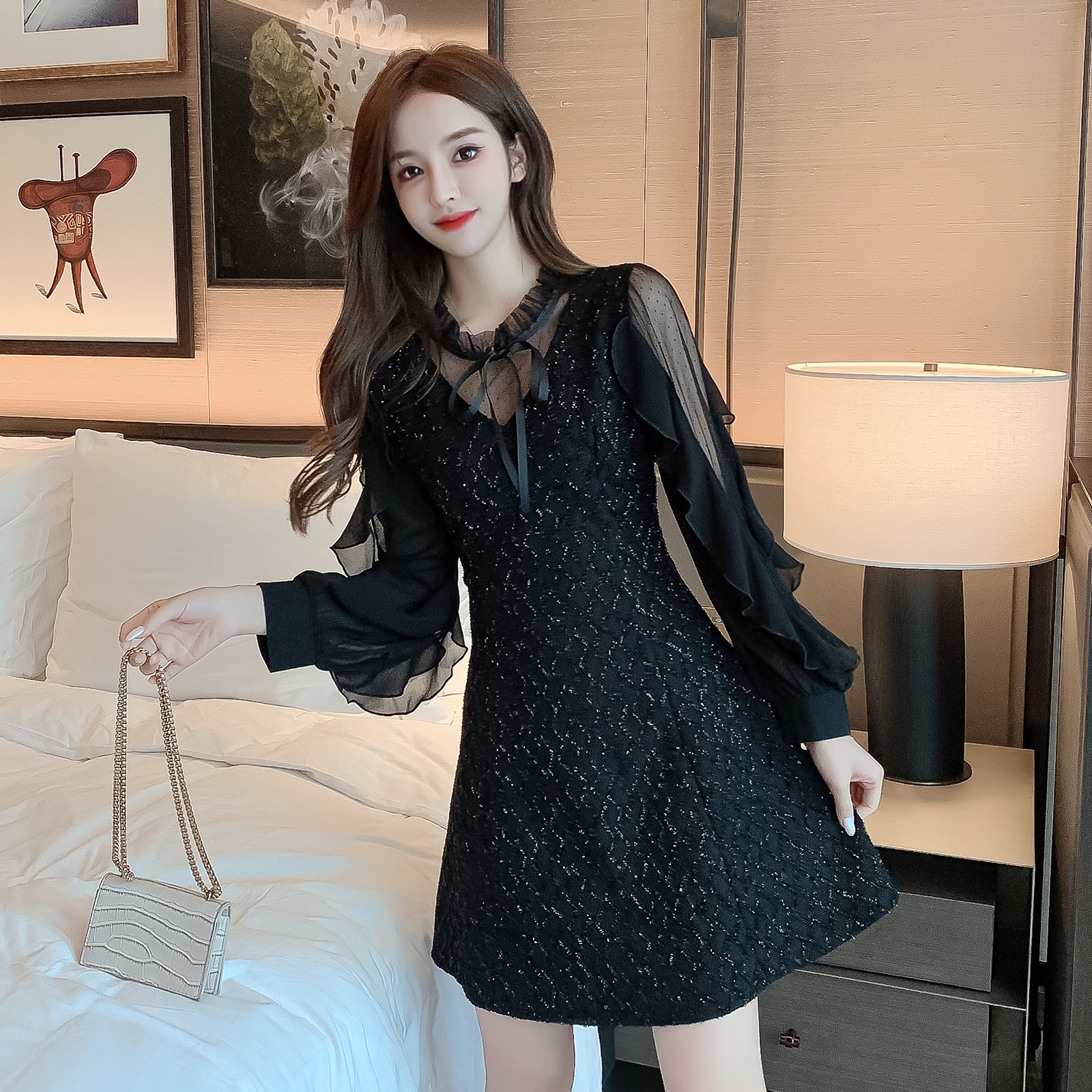 모델 실사 가을 겨울 새로운 패치워크 프릴 몸매 가꾸기 슬림해 보이는 드레스