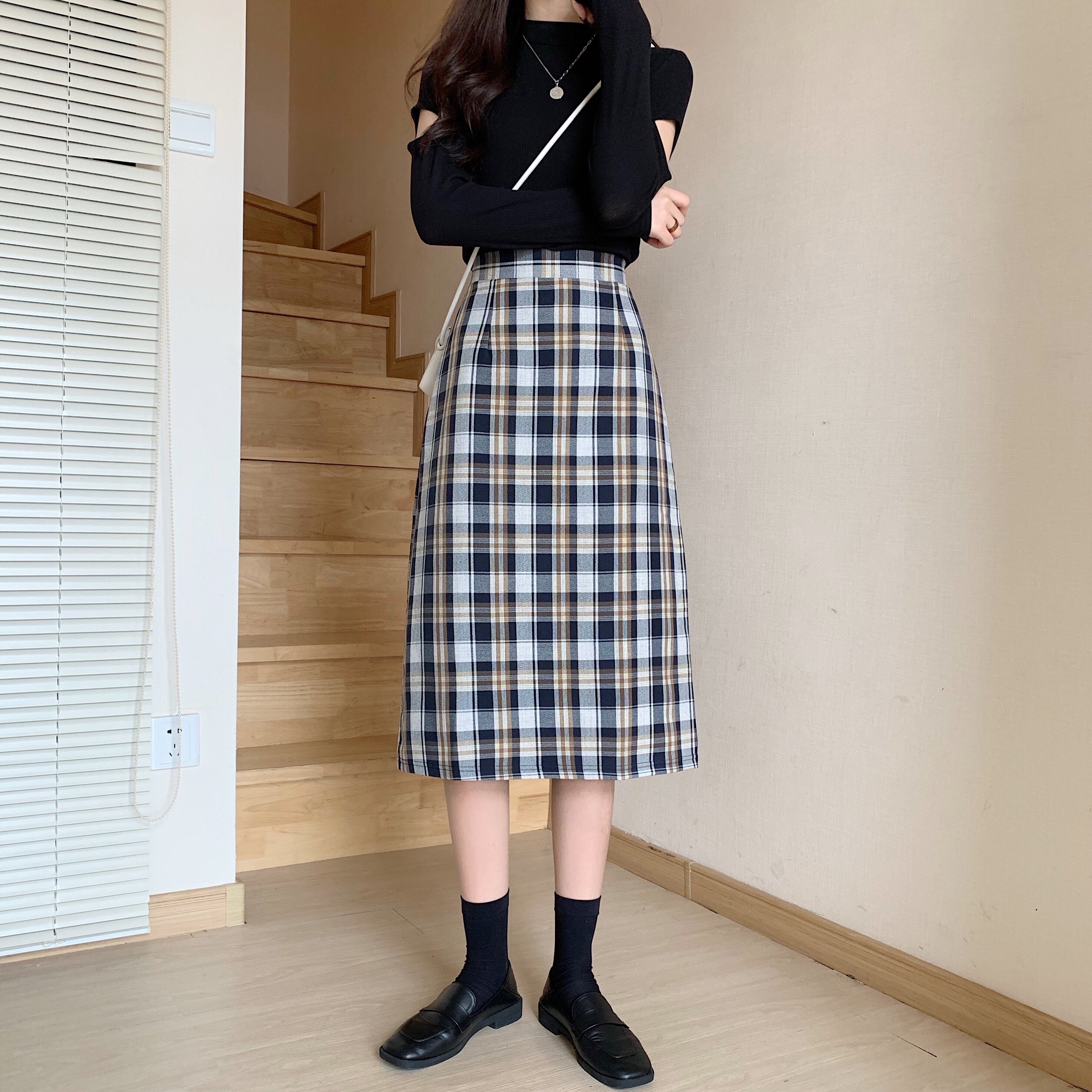 格子半身裙女2020初秋新款高腰复古格纹一步裙显瘦开叉直筒裙中长