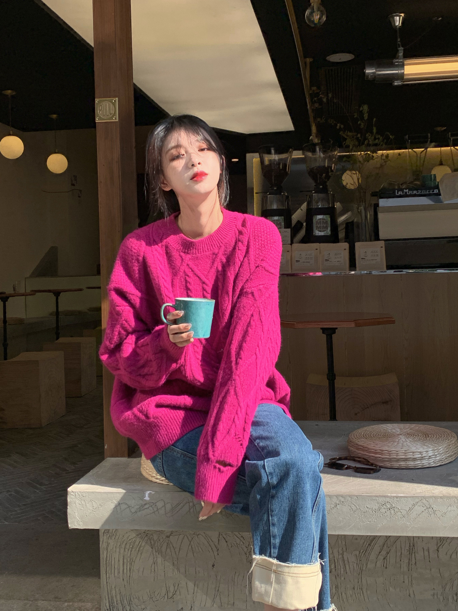 洋气火龙果色麻花毛衣女秋冬外穿宽松慵懒风复古港味破洞针织